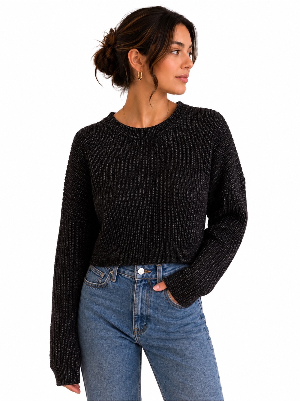Urban Outfitters Black Ribbed Cropped Crewneck Sweater Women’s Small